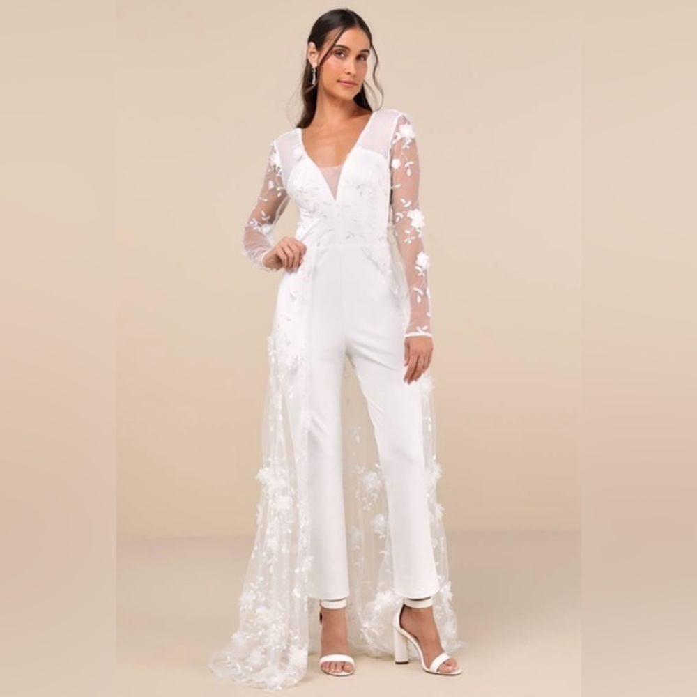 LULU’S IMMACULATE FAVORITE MESH EMBROIDERED CAPE JUMPSUIT